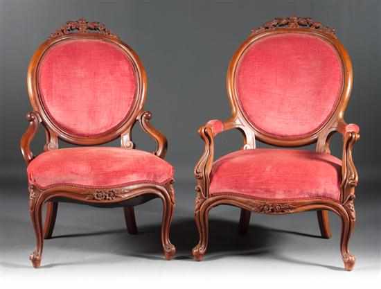 Appraisal: Two American Rococo Revival carved walnut velvet upholstered parlor chairs