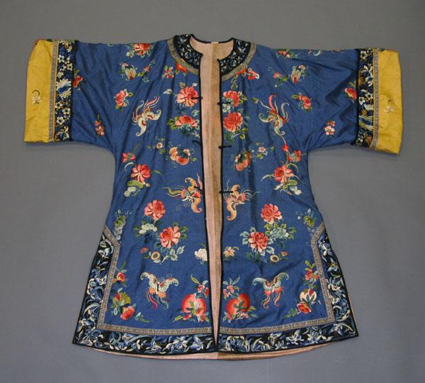 Appraisal: Chinese blue silk robe embroidered with an array of butterflies