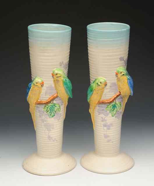 Appraisal: Clarice Cliff British - A pair of Budgerigar vases shape