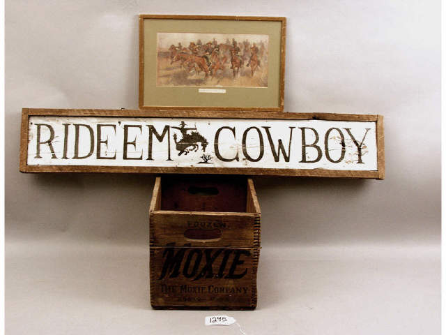 Appraisal: Lot of items including Ride 'em Cowboy wooden sign framed