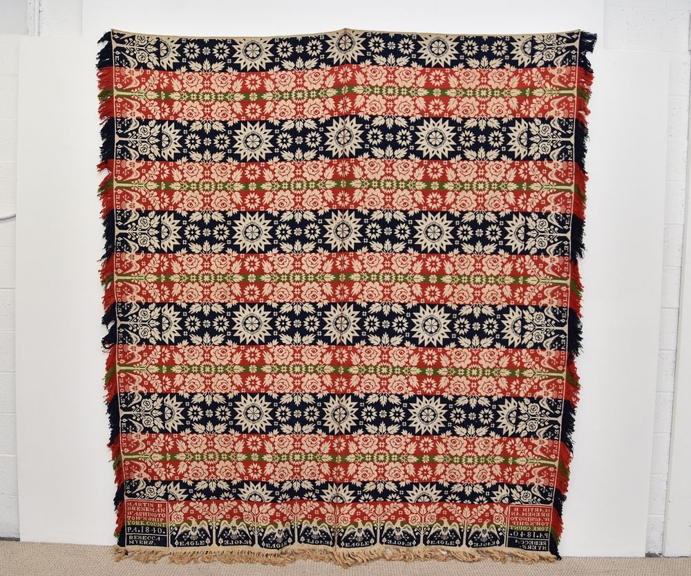 Appraisal: Signed Colorful Jacquard Coverlet Colorful jaquard coverlet in red white