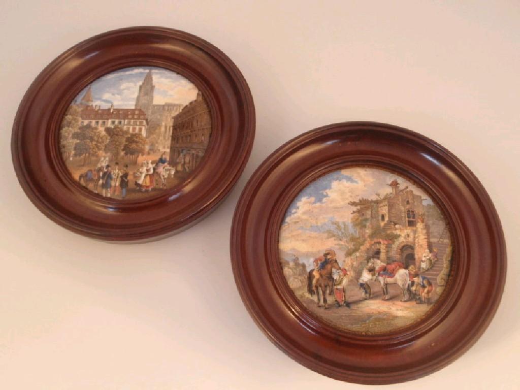 Appraisal: Two thC Prattware pot lids - Continental town scene with