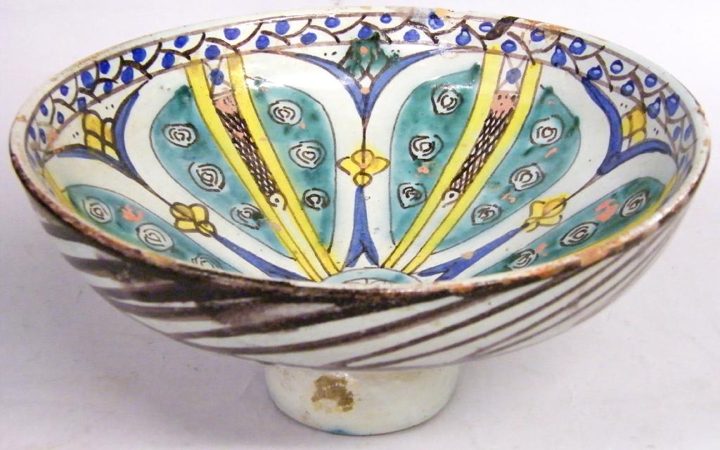 Appraisal: Good Moroccan pottery pedestal bowl hand painted in green yellow