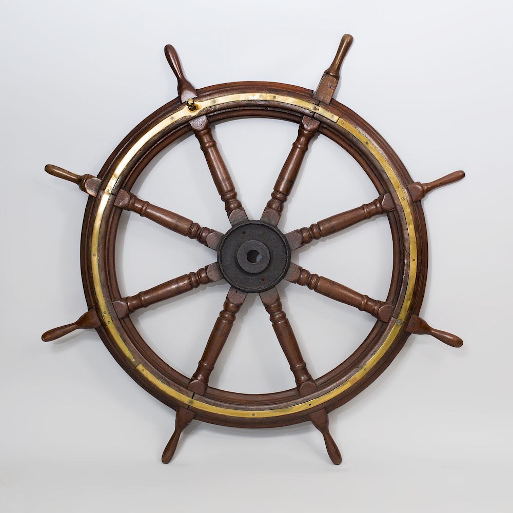 Appraisal: Iron and Bass-Mounted Ships Wheel in diam Condition Wear consistent