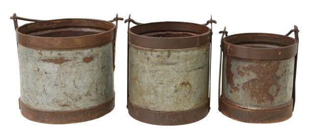 Appraisal: lot of Graduated metal buckets th c iron banding bail