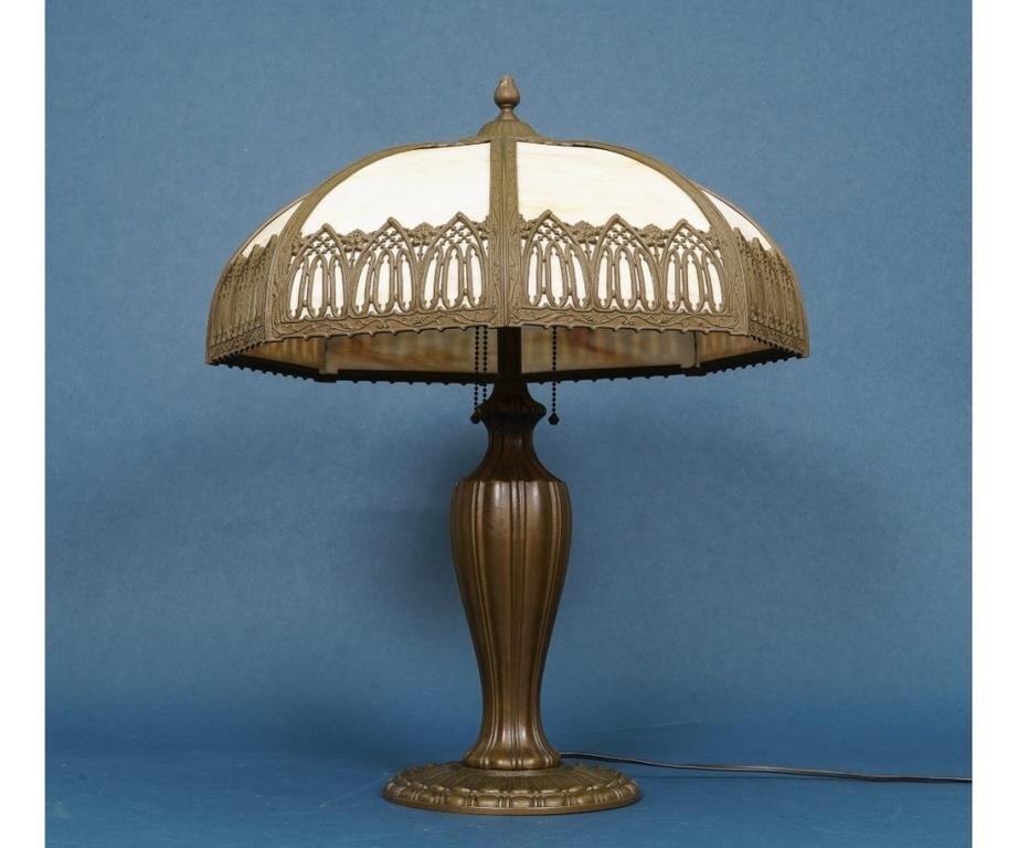 Appraisal: Slag glass table lamp with iron base 's h x