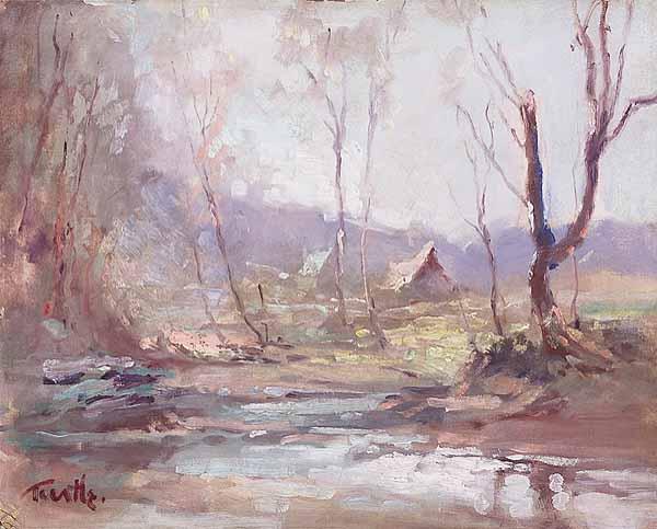 Appraisal: Arnold E Turtle American - Cabins in the Woods oil