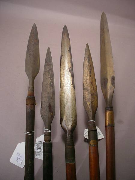 Appraisal: A lot of five Moro spears budiaksouthern Philippines late th