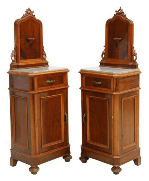 Appraisal: pair Italian marble-top walnut bedside cabinets th c raised backsplash