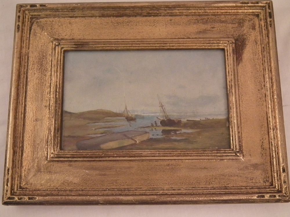 Appraisal: ANTIQUE PAINTING SAILBOATS ON SHORE th century oil sketch on