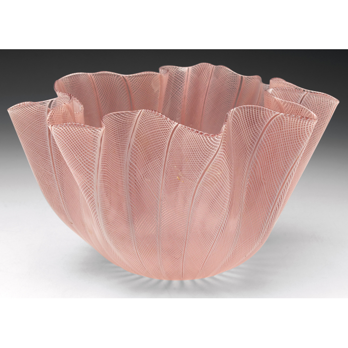 Appraisal: Murano Handkerchief vase crimped pinkglass with white latticino stripes c