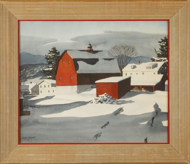 Appraisal: Red Barn in Snow watercolor x sight SLL Artist American