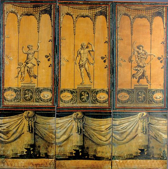 Appraisal: Three-panel screen late th early th century wallpapered and painted