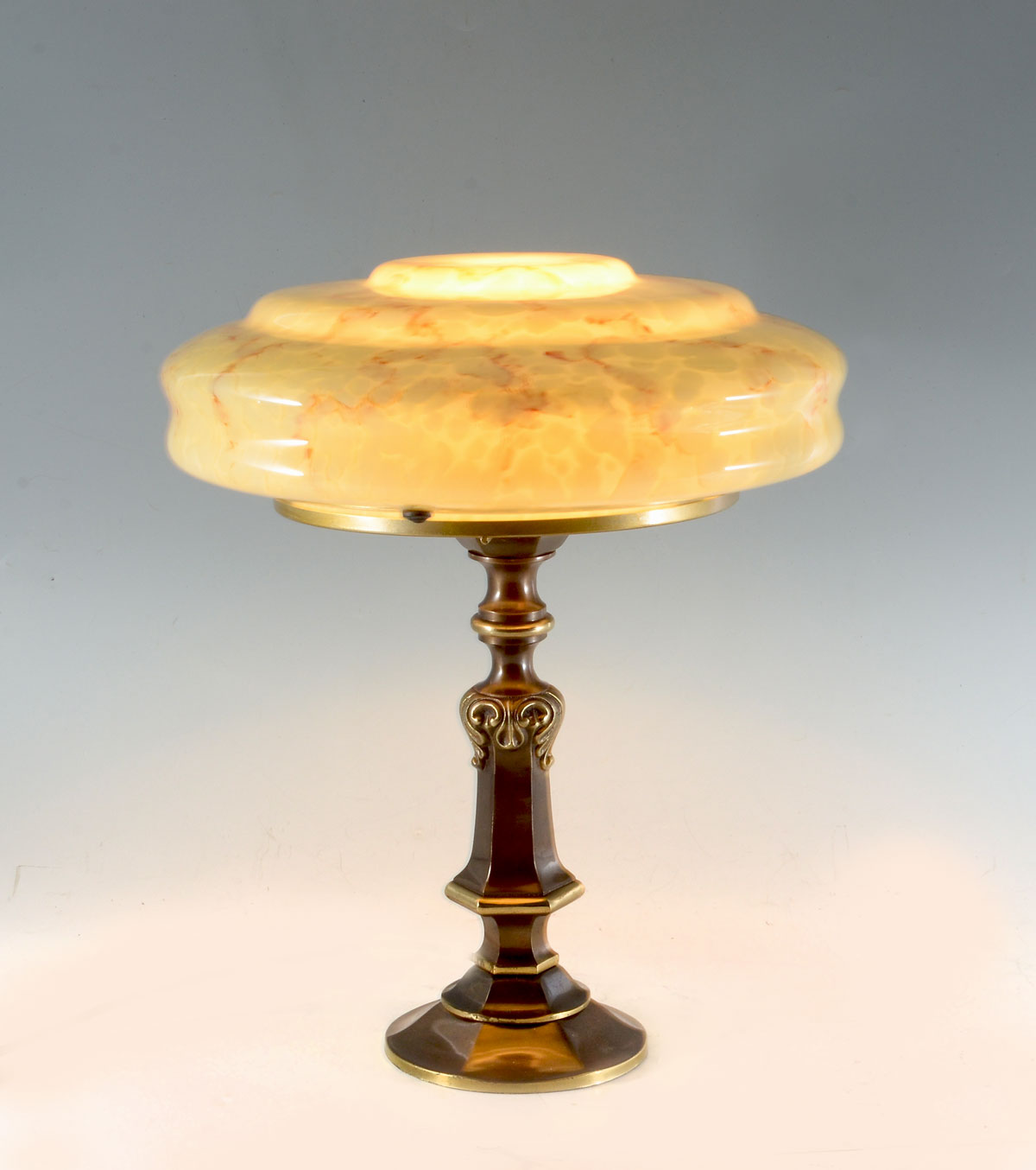 Appraisal: ART DECO CZECH MUSHROOM TABLE LAMP Blown green Czech glass