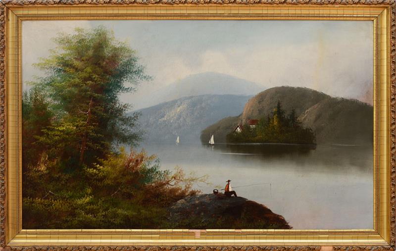 Appraisal: AMERICAN SCHOOL FISHING ON THE RIVER Oil on canvas unsigned