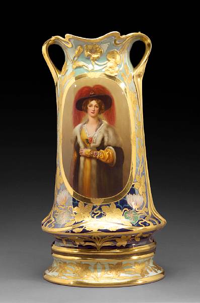 Appraisal: A Vienna style porcelain large two handled portrait vase late