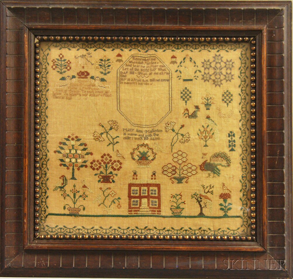 Appraisal: Needlework Sampler stitched to center Mary Ann Mailinson is name