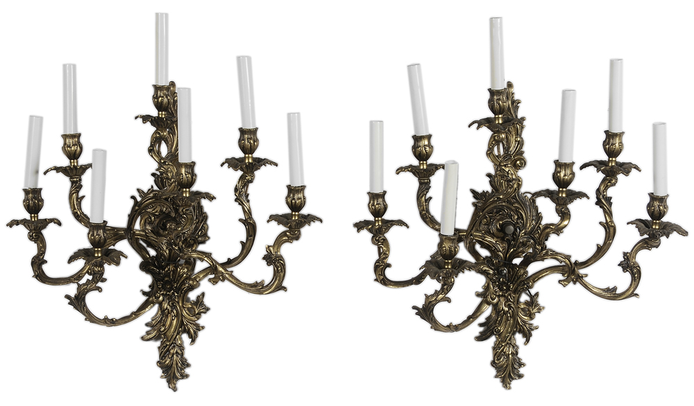 Appraisal: Pair Rococo Style Brass Sconces modern each with seven scrolled