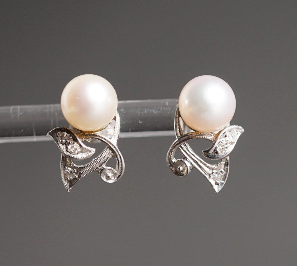 Appraisal: TESTED -KARAT WHITE-GOLD PEARL AND DIAMOND PIERCED EARRINGS GROSS DWTTested