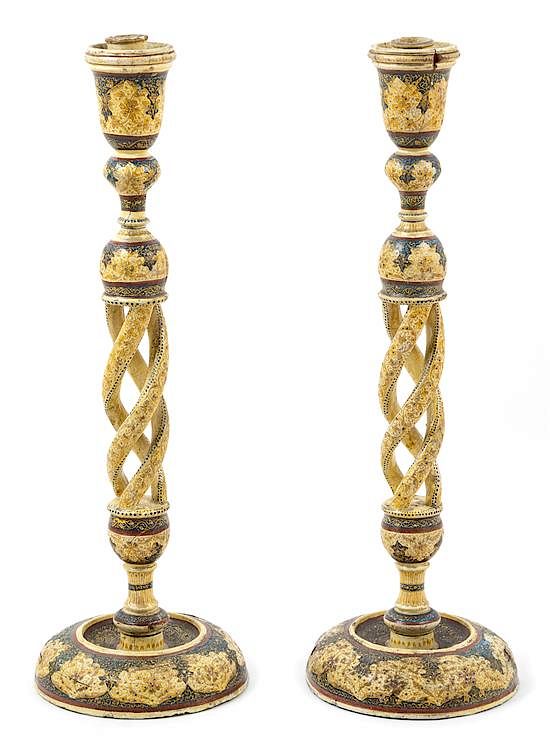 Appraisal: A Pair of Kashmiri Papier-Mache and Lacquer Candlesticks Height inches