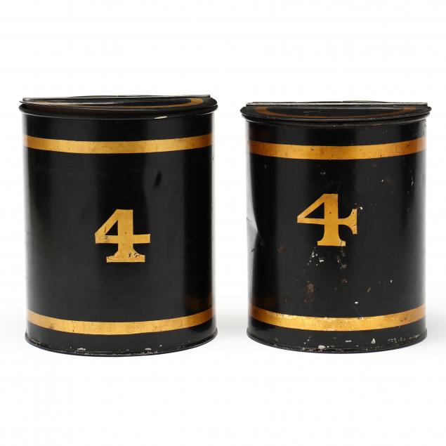 Appraisal: PAIR OF PAINTED AND GILT TOLEWARE CANISTERS th century cylindrical