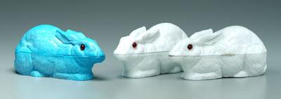 Appraisal: Three covered rabbit dishes milk glass one blue two white