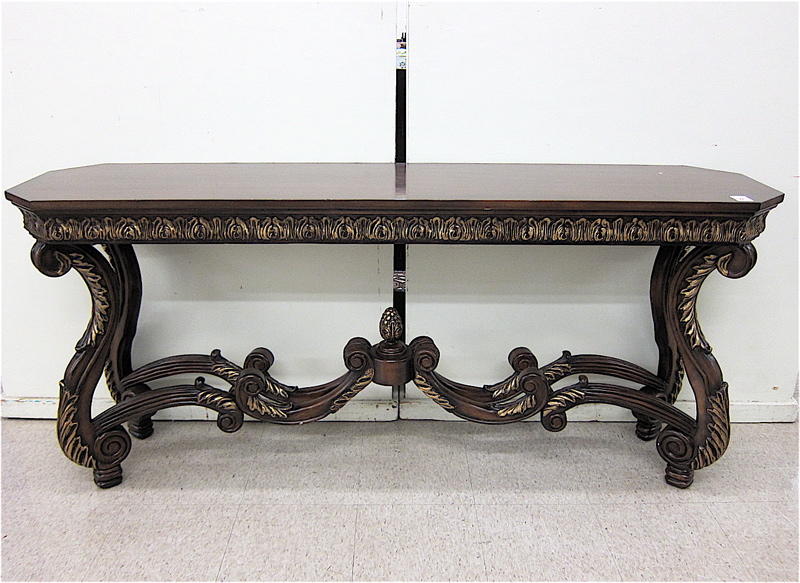 Appraisal: PARCEL-GILT MAHOGANY SOFA TABLE having a long rectangular top raised