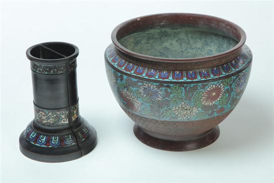 Appraisal: CHAMPLEVE JARDINIERE AND PAIR OF VASES Asian th century brass