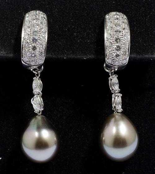 Appraisal: TAHITI PEARL AND DIAMOND PENDANT EARRINGS White gold Elegant half-creole