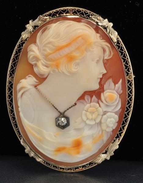 Appraisal: K Y Gold Carved Shell Cameo Description Diamond ct No