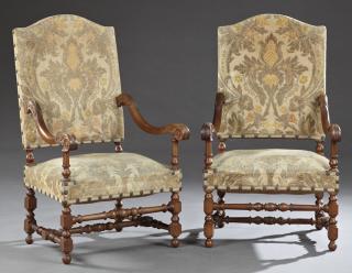 Appraisal: Pair of Louis XIII Carved Walnut Upholstered Faute Pair of