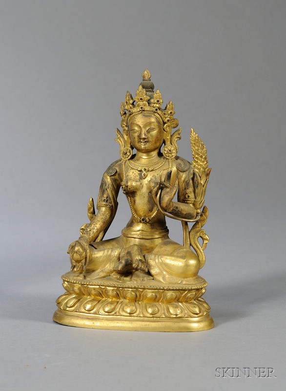 Appraisal: Gilt-bronze Image Sino-Tibetan th century seated figure of the green