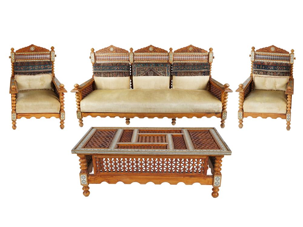 Appraisal: LEVANTINE INLAID SALON SUITEcomprising a sofa with Persian rug upholstery