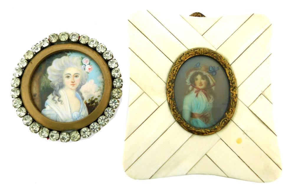 Appraisal: MINIATURES Two women one round support in landscape powdered wig