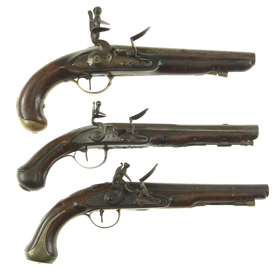 Appraisal: LOT OF THREE FLINTLOCK PISTOLS Unmarked continental pistol Cal -