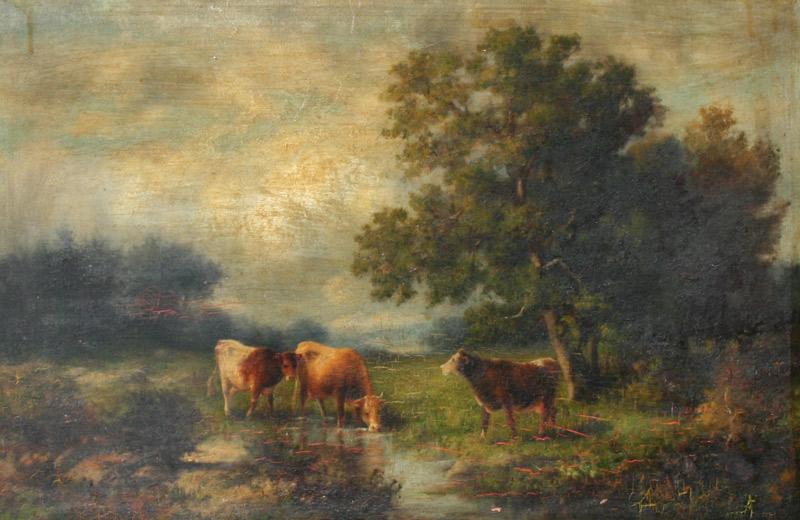 Appraisal: EXCEPTIONAL PAINTING OF COWS IN A LANDSCAPE OIL Board ''