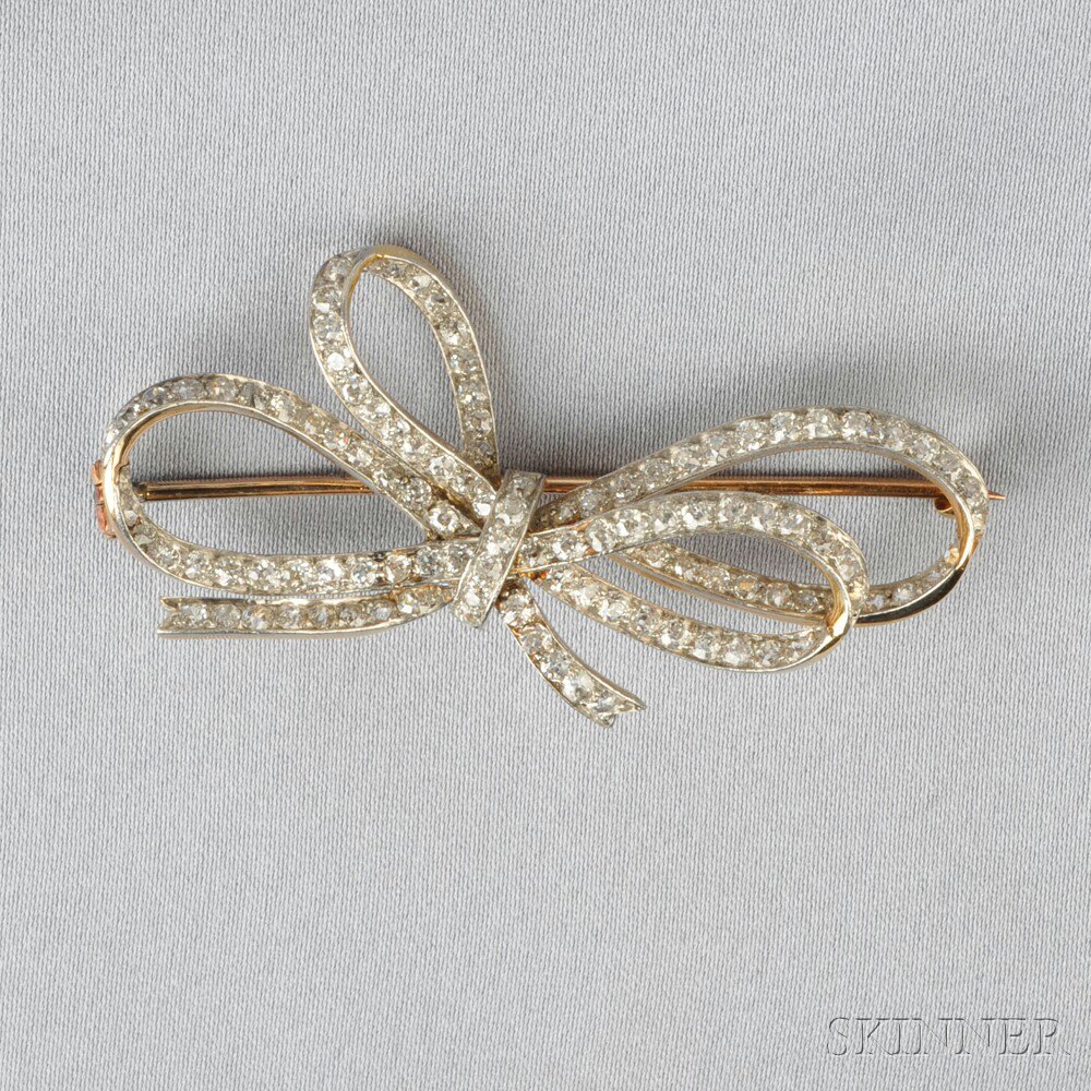 Appraisal: Edwardian Diamond Bow Brooch Retailed by James Robinson set with