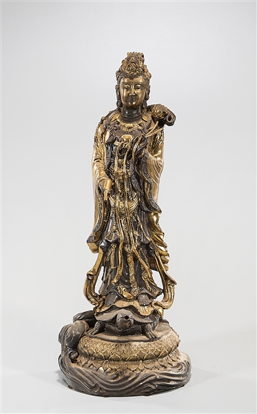 Appraisal: Chinese gilt metal Guanyin standing on a turtle x x