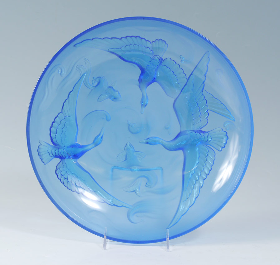 Appraisal: VERLYS GLASS DIRECTOIRE BLUE WILD DUCK BOWL '' dia