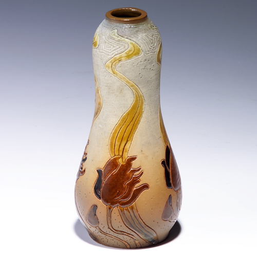 Appraisal: ROSEVILLE Rozane Woodland bulbous vase Restoration to area around rim