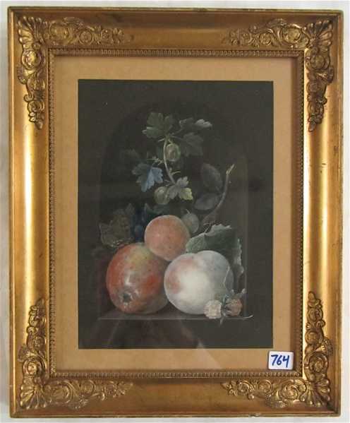 Appraisal: TH CENTURY STILL-LIFE tempera on paper fruit and butterfly Image