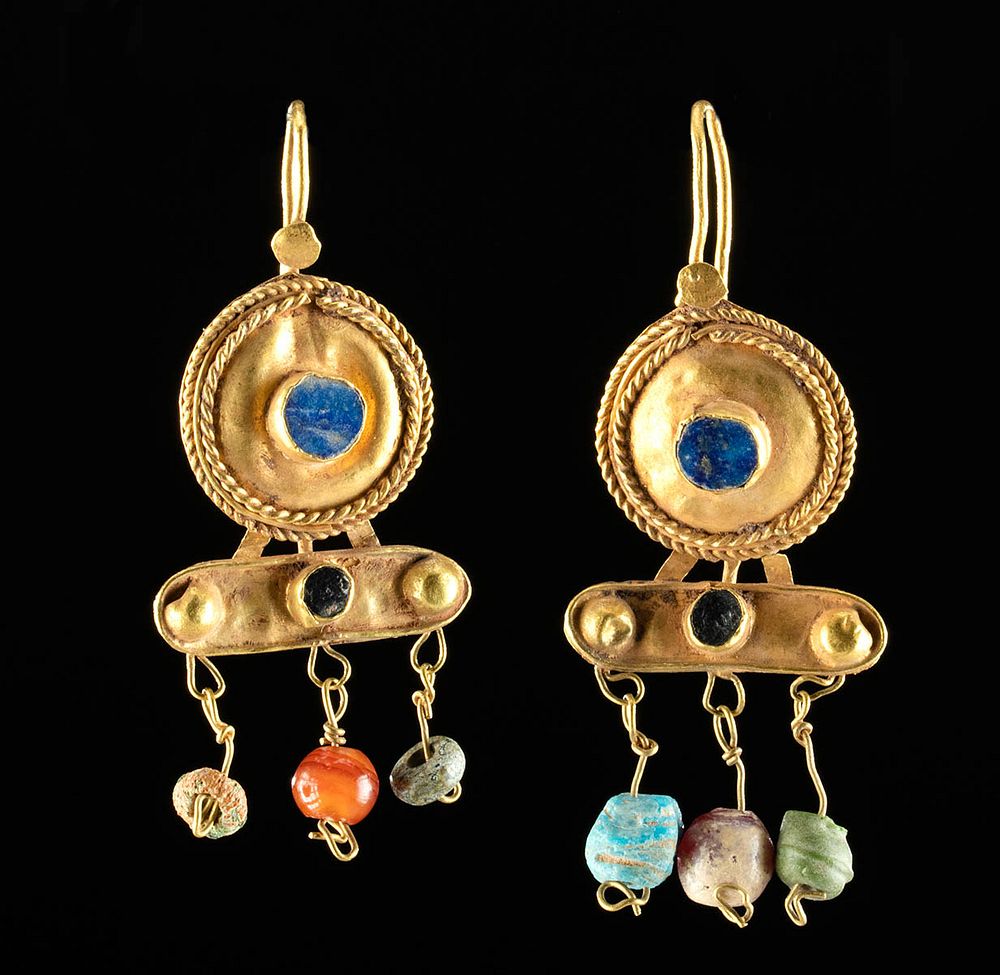 Appraisal: Gorgeous Roman Gold Earrings Lapis Agate Glass Roman Imperial Period