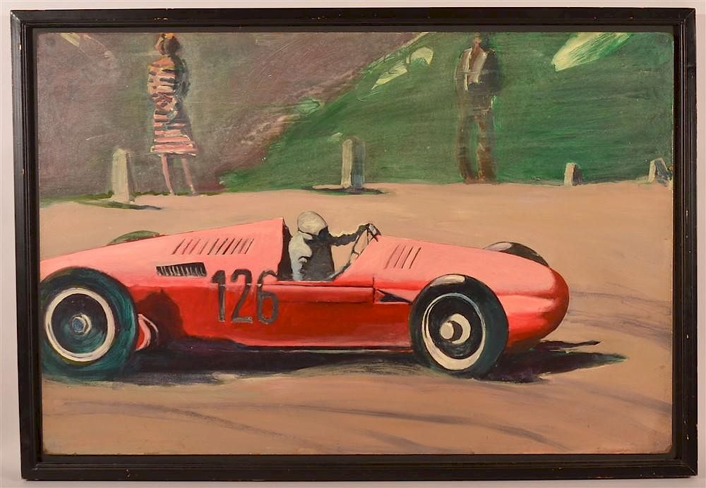 Appraisal: s Oil on Panel Auto Union Race Car s Oil