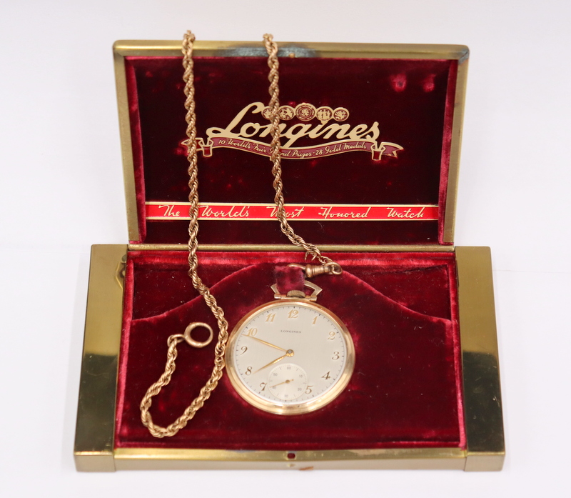 Appraisal: JEWELRY LONGINES KT GOLD POCKET WATCH AND Fob Chain A