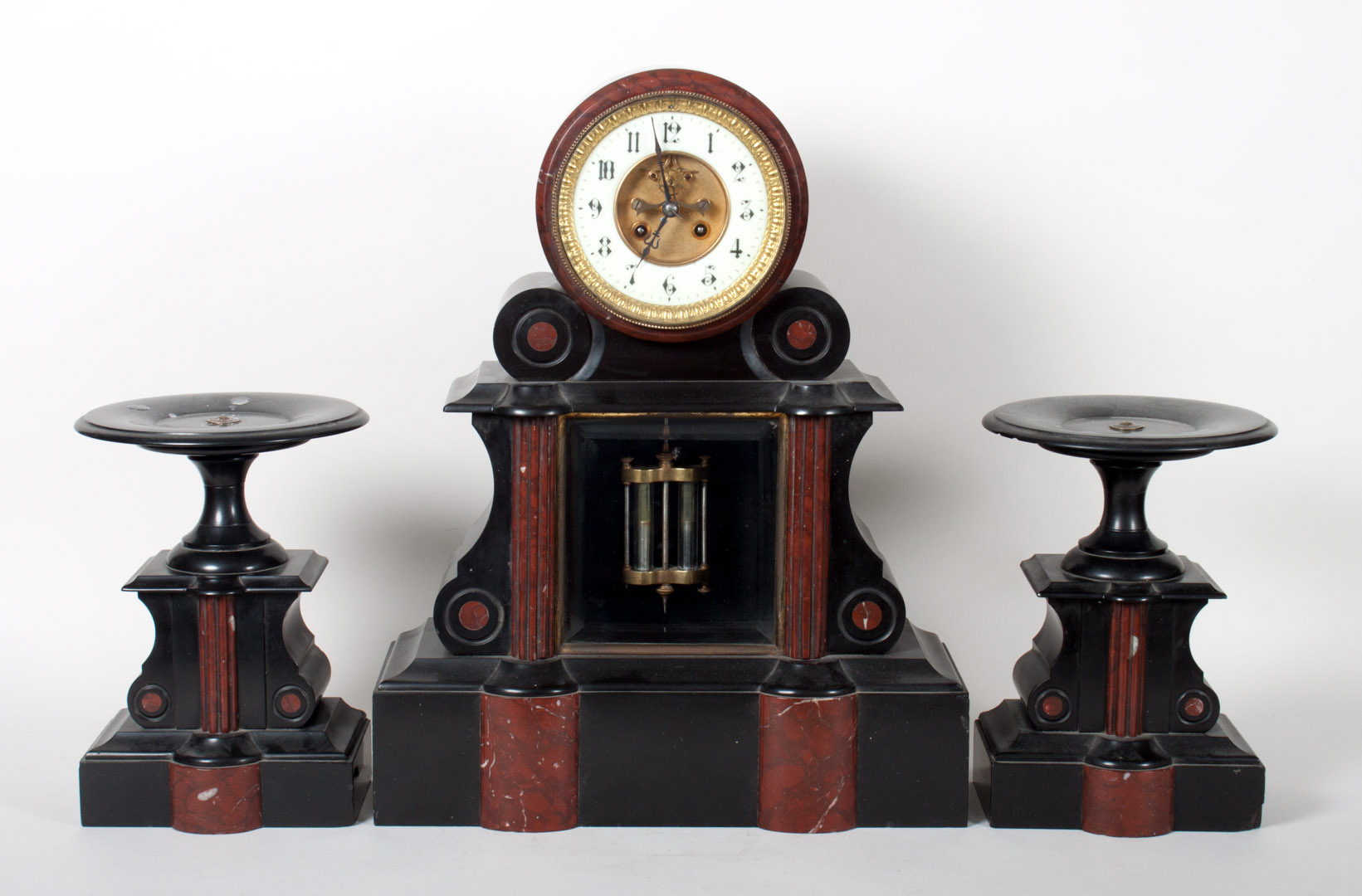 Appraisal: Napoleon III marble clock garniture circa three-piece clock garniture Belgian