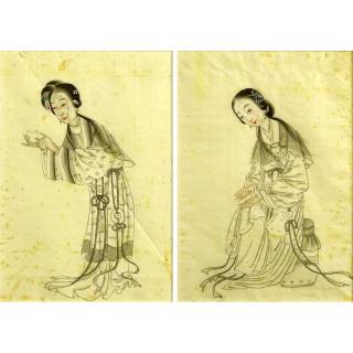 Appraisal: Pair of Vintage Japanese Watercolors on Silk Ladies Unsigned Foxing