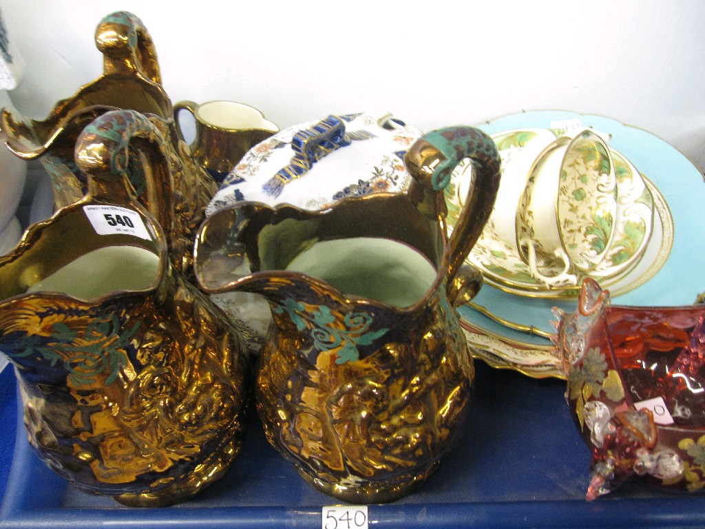 Appraisal: Lot comprising three copper lustre jugs a Doulton tureen a