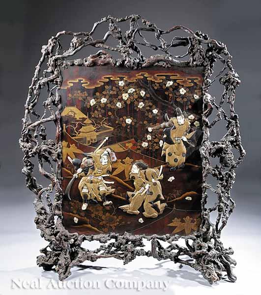 Appraisal: A Rare Chinese Carved Root and Lacquered Screen th c