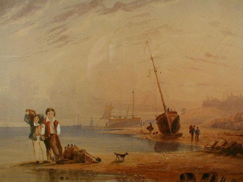 Appraisal: thC English School Watercolour drawing figures and beached boats at