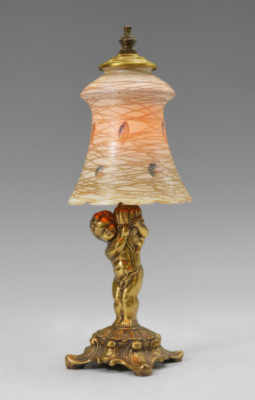 Appraisal: DURAND THREADED LEAF GLASS SHADE BOUDIOR LAMP Cast brass figural